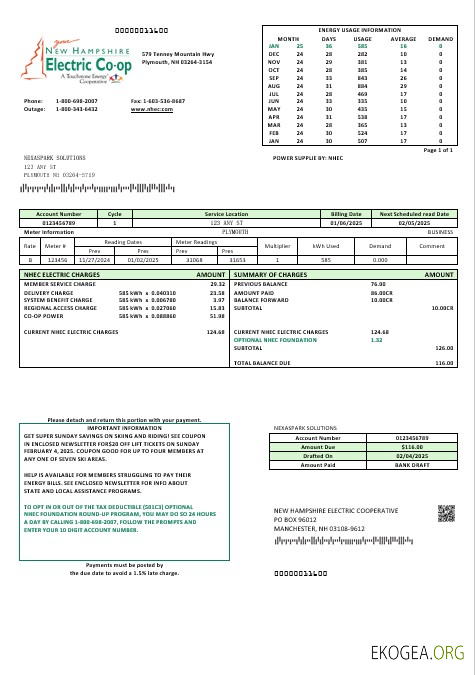 Modèle de facture de services publics d'électricité des États Unis New Hampshire Electric Co op aux formats Word et PDF